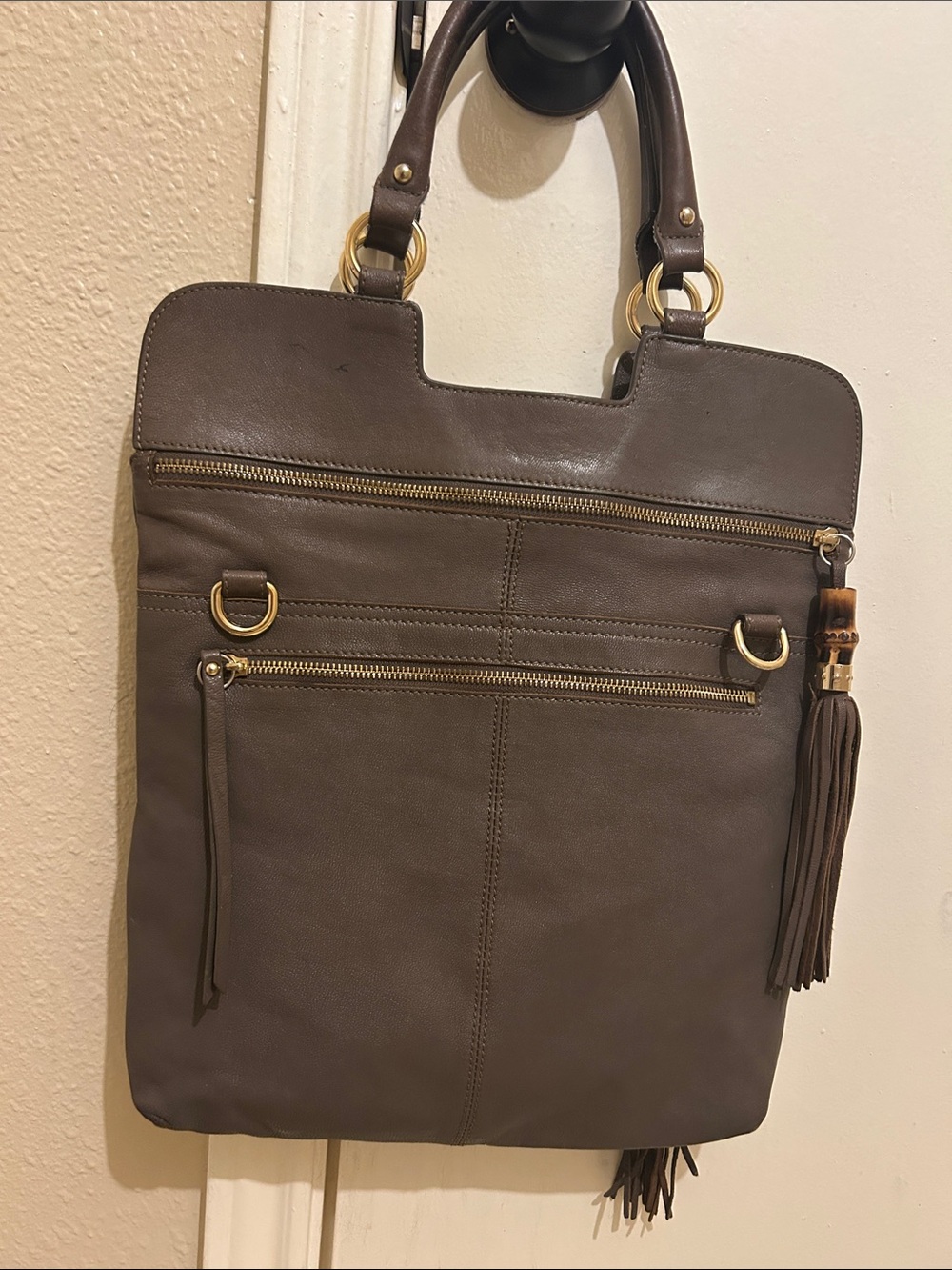Sorial Brown Leather Tote with Tassel and Gold Rings